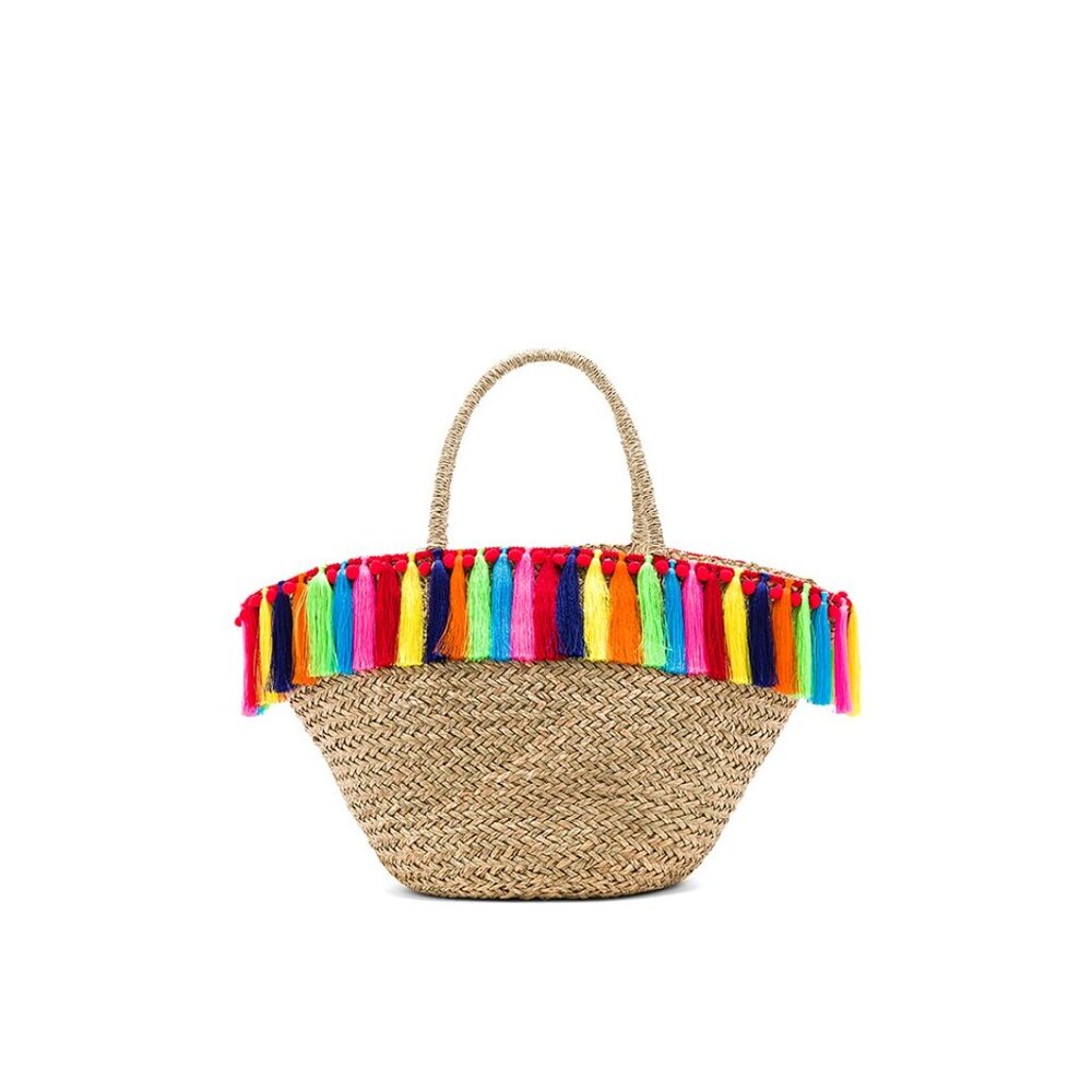 Mystique Revolve Straw Wicker Pom Pom and Tassel Tote Bag
